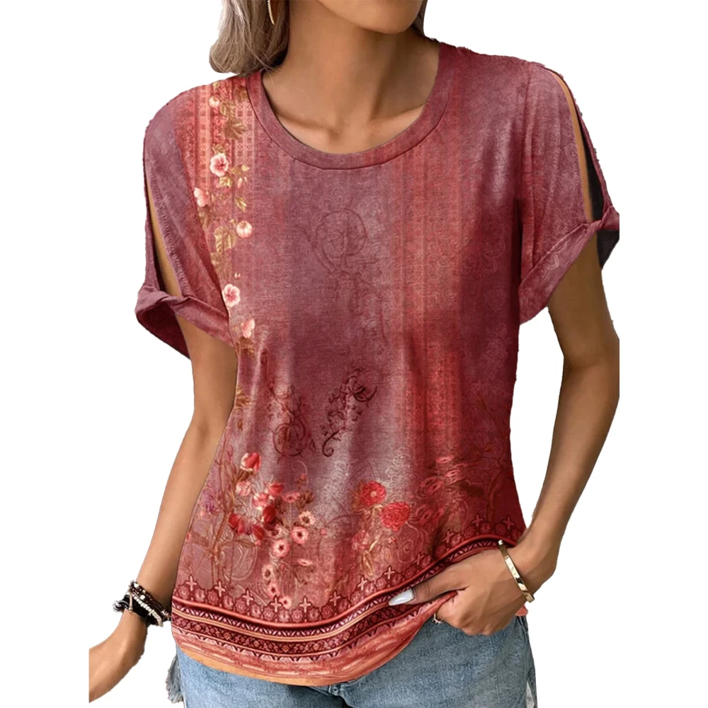 Women Short Sleeve T Shirt Floral Print Crew Neck Cut Out Dressy Casual Summer Pullover Top Red XXL