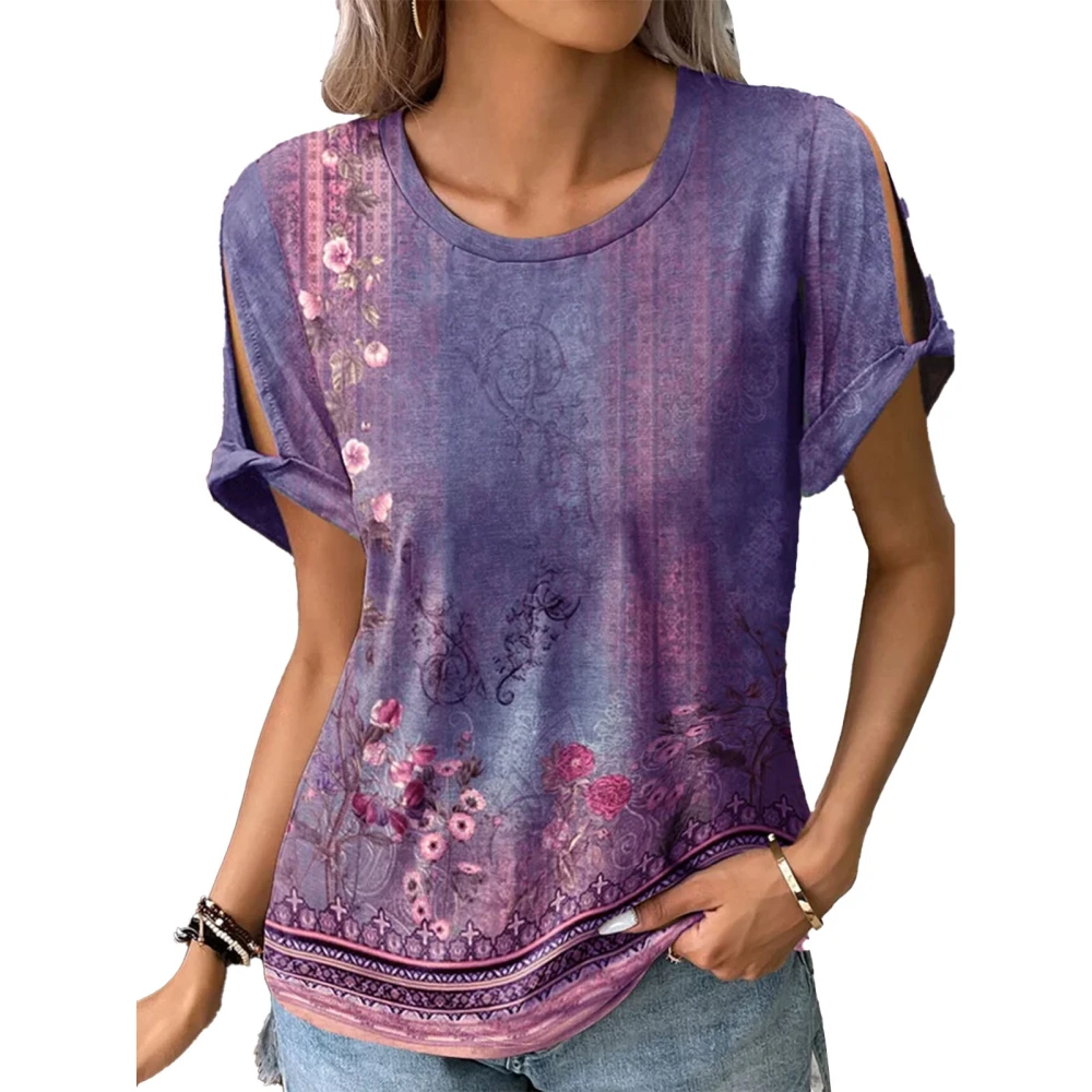 Women Short Sleeve T Shirt Floral Print Crew Neck Cut Out Dressy Casual Summer Pullover Top Purple L