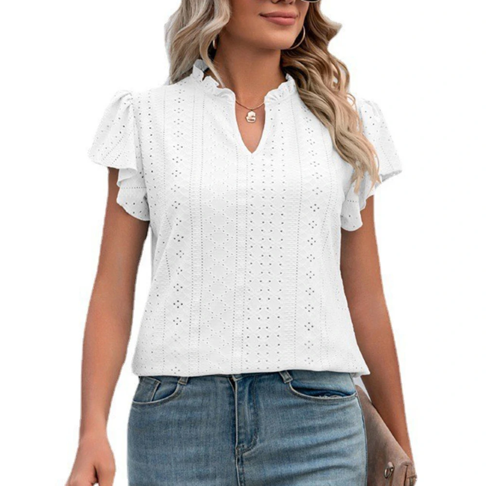 Women Short Sleeve Top V Neck Ruffle Sleeve Blouse Eyelet Pure Color Loose Top Summer Fashionable Blouse White L