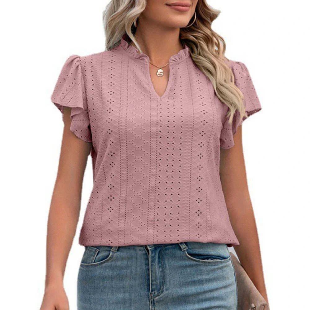 Women Short Sleeve Top V Neck Ruffle Sleeve Blouse Eyelet Pure Color Loose Top Summer Fashionable Blouse Skin Pink S