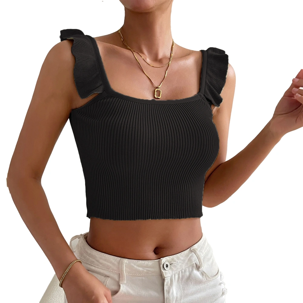 Ruffle Strap Tank Top Short Navel Exposed Slim Ribbed Ruffle Sleeveless Tank for Women Female Summer Black M