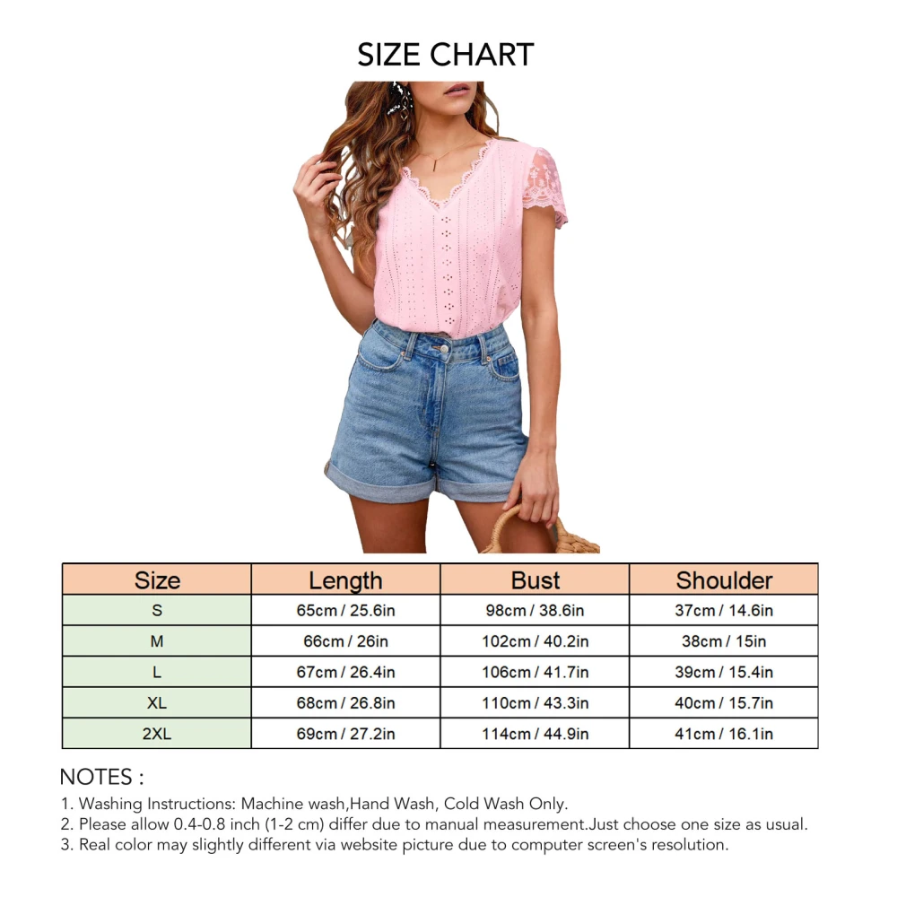 Lace Crochet V Neck T Shirt Women Casual Fashionable Plain Color Lace Short Sleeve Hollow Top Blouse Pink S