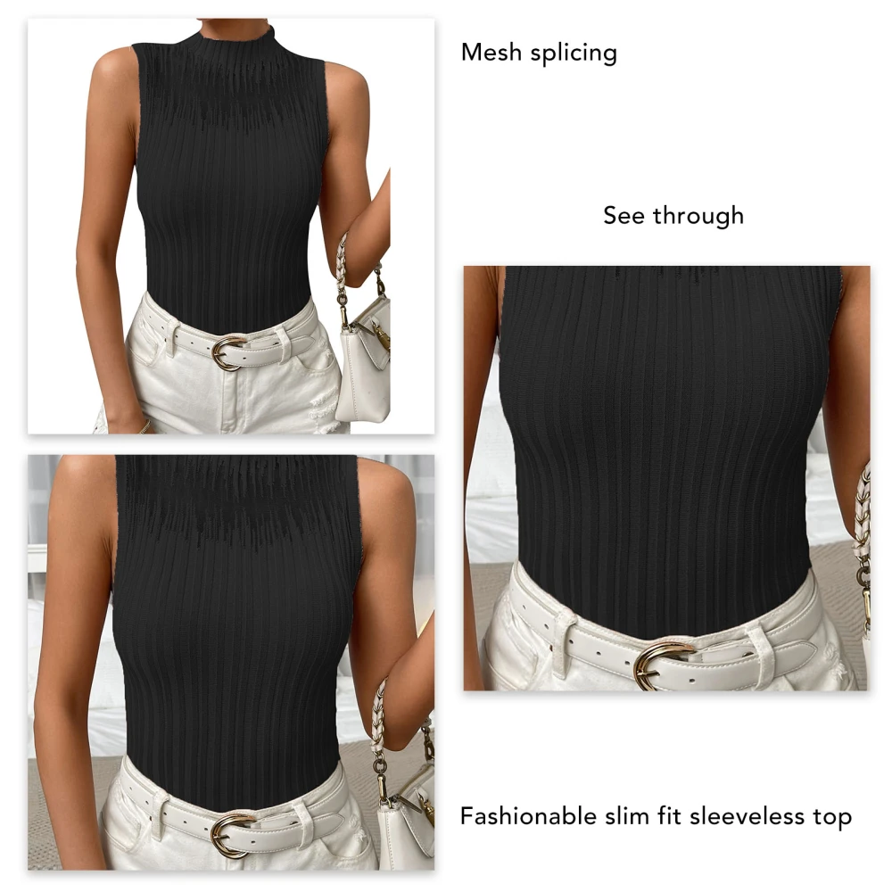 Women Ribbed Knit Tank Top Half High Neck Mesh Splicing Slim Fit Summer Basic Sleeveless Tank Top Black M