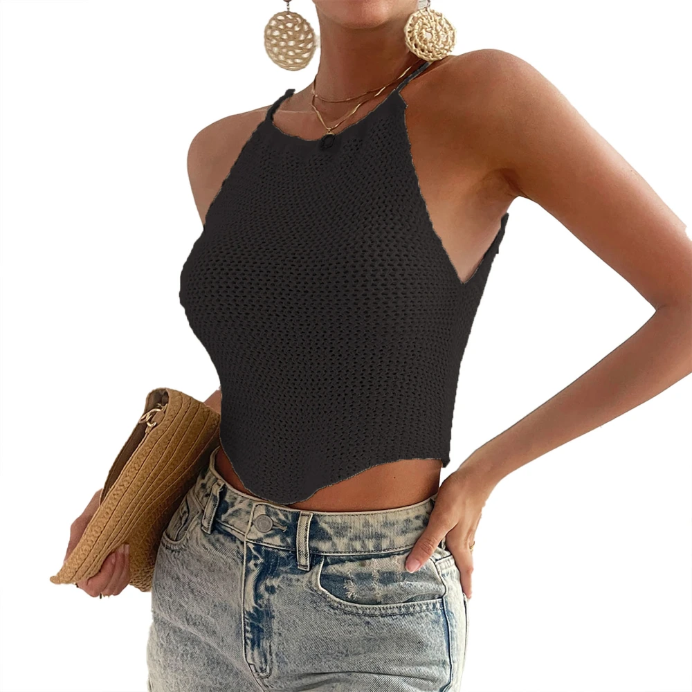 Women Knitting Tank Top Halter Neck Irregular Hem Back Hollow Out Summer Sleeveless Slim Top Black L