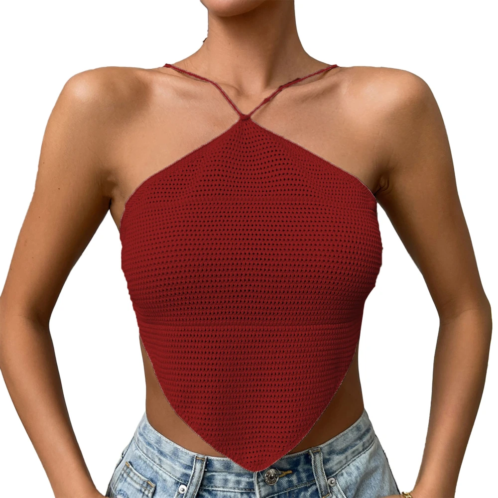 Women Halter Neck Top Backless Curved Hem Camisole Top Pure Color Tie Knot Back Sleeveless Blouse Burgundy L