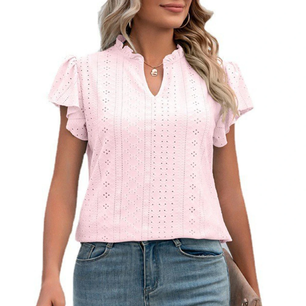 Women Short Sleeve Top V Neck Ruffle Sleeve Blouse Eyelet Pure Color Loose Top Summer Fashionable Blouse Pink XL