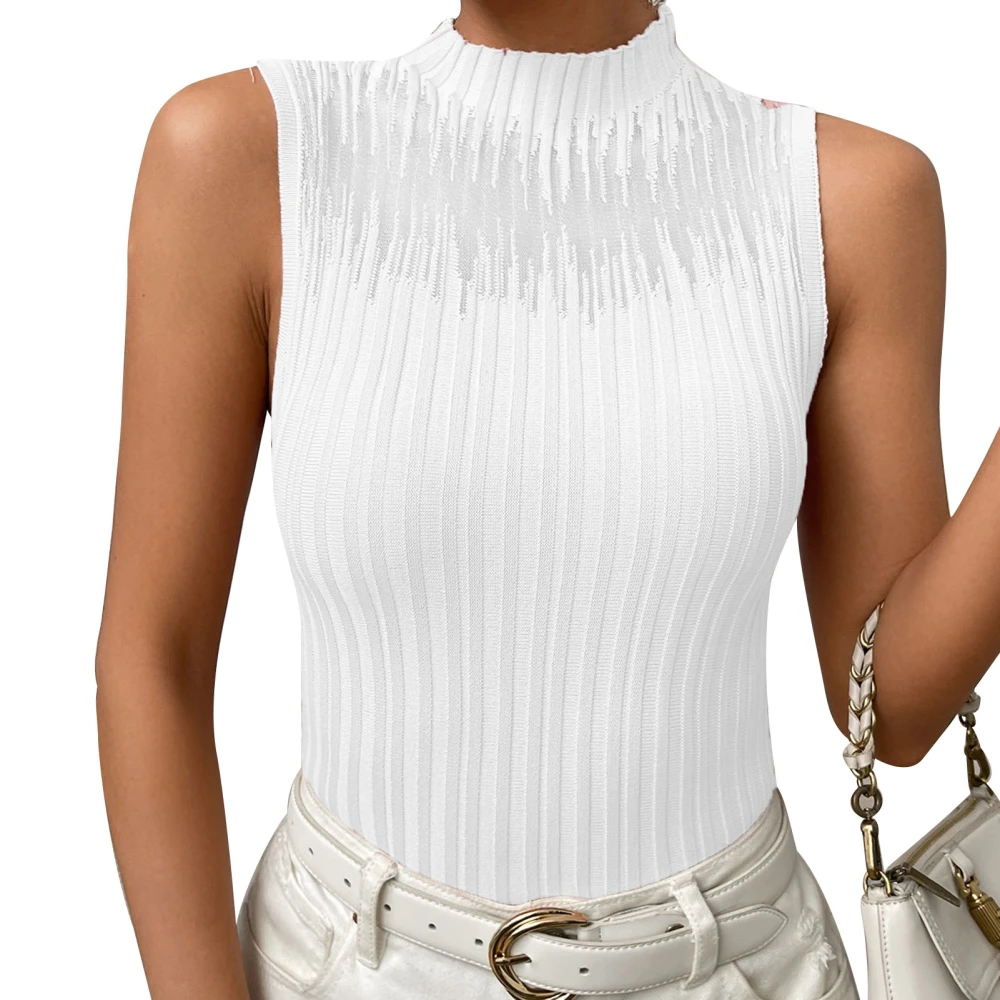 Women Ribbed Knit Tank Top Half High Neck Mesh Splicing Slim Fit Summer Basic Sleeveless Tank Top White M