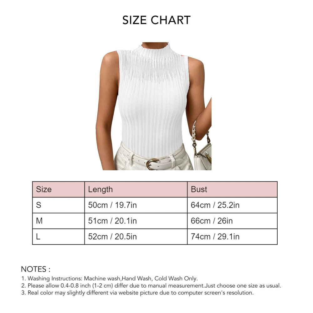 Women Ribbed Knit Tank Top Half High Neck Mesh Splicing Slim Fit Summer Basic Sleeveless Tank Top White L