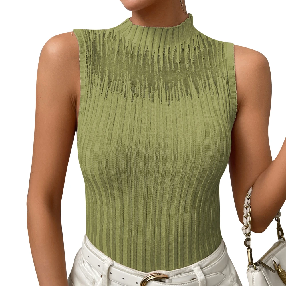 Women Ribbed Knit Tank Top Half High Neck Mesh Splicing Slim Fit Summer Basic Sleeveless Tank Top Green S