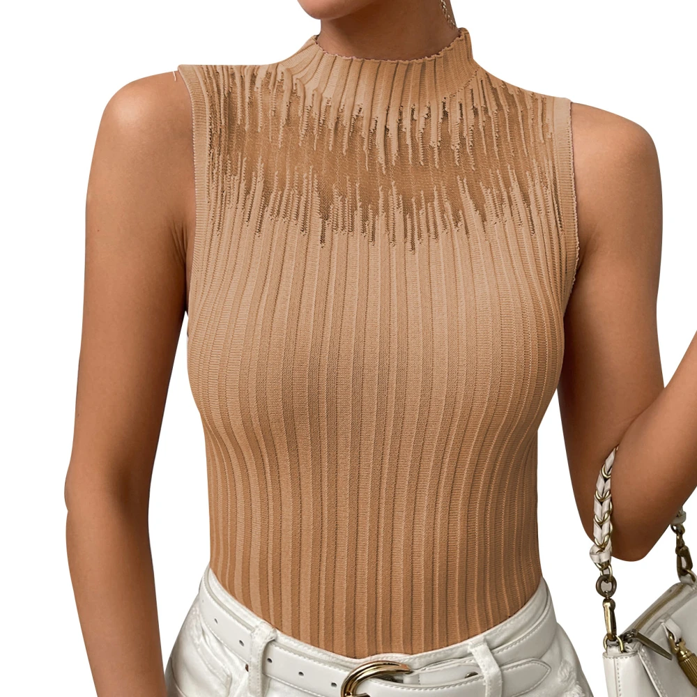 Women Ribbed Knit Tank Top Half High Neck Mesh Splicing Slim Fit Summer Basic Sleeveless Tank Top Khaki S