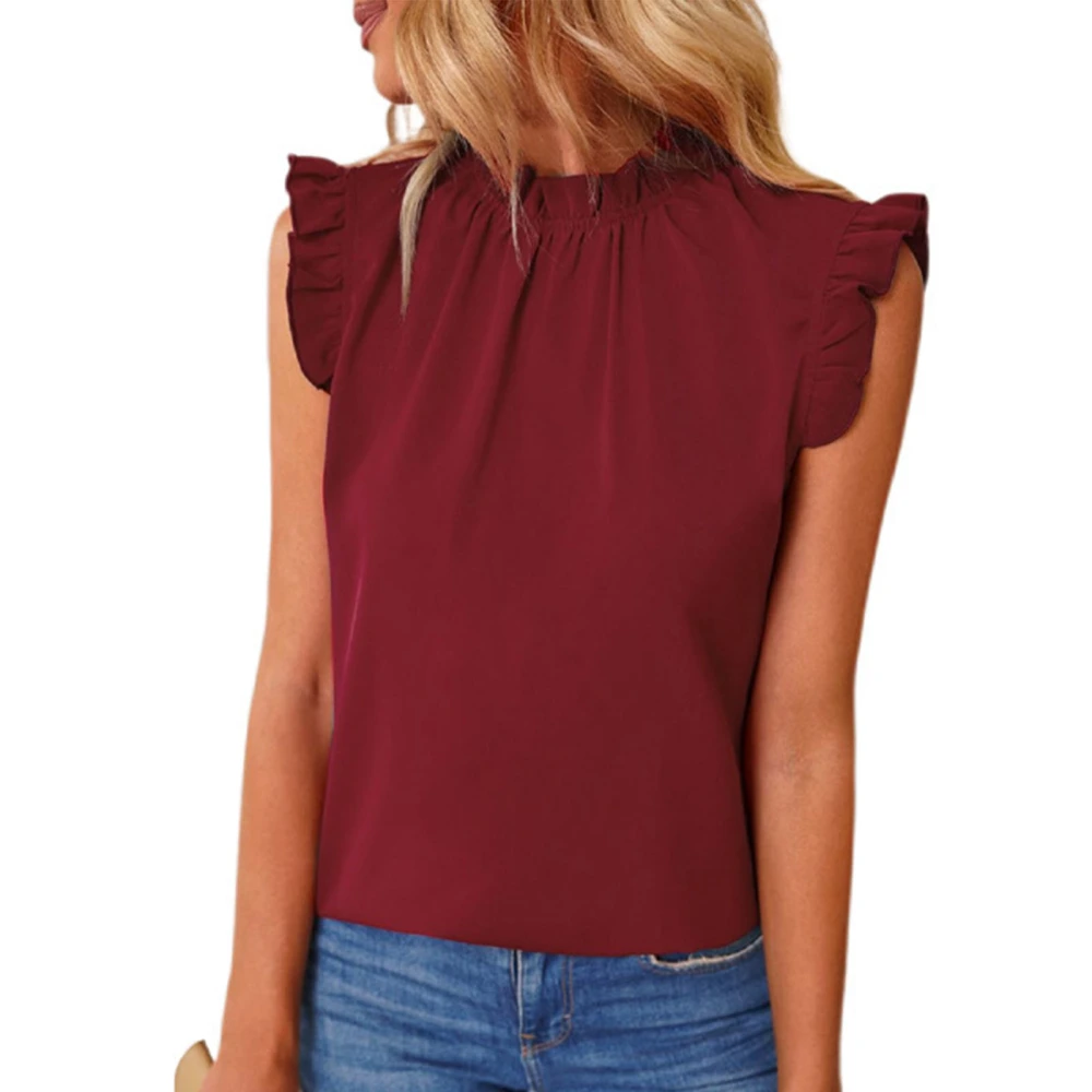 Women Ruffle Trim Cap Sleeve Top Frill Trim Casual Plain Color Dressy Summer Pullover Blouse Red XL