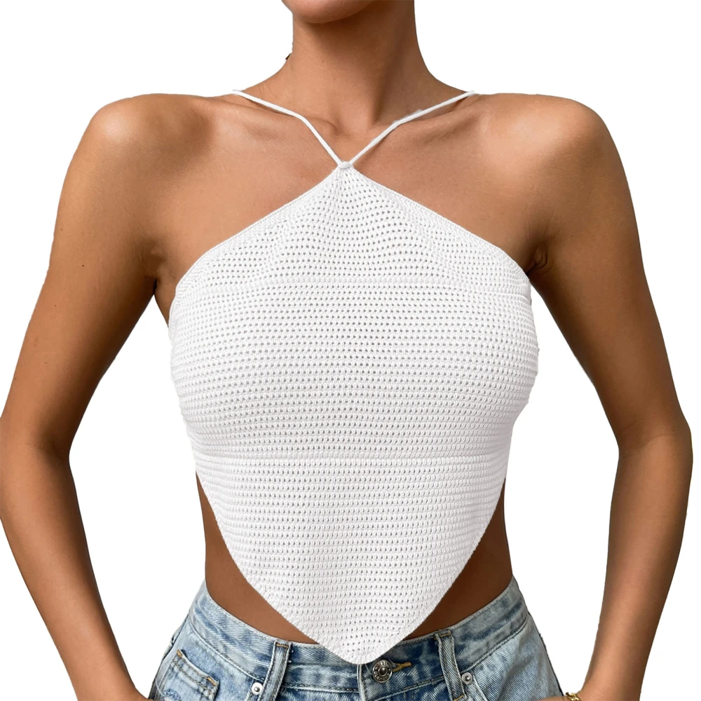 Women Halter Neck Top Backless Curved Hem Camisole Top Pure Color Tie Knot Back Sleeveless Blouse White M