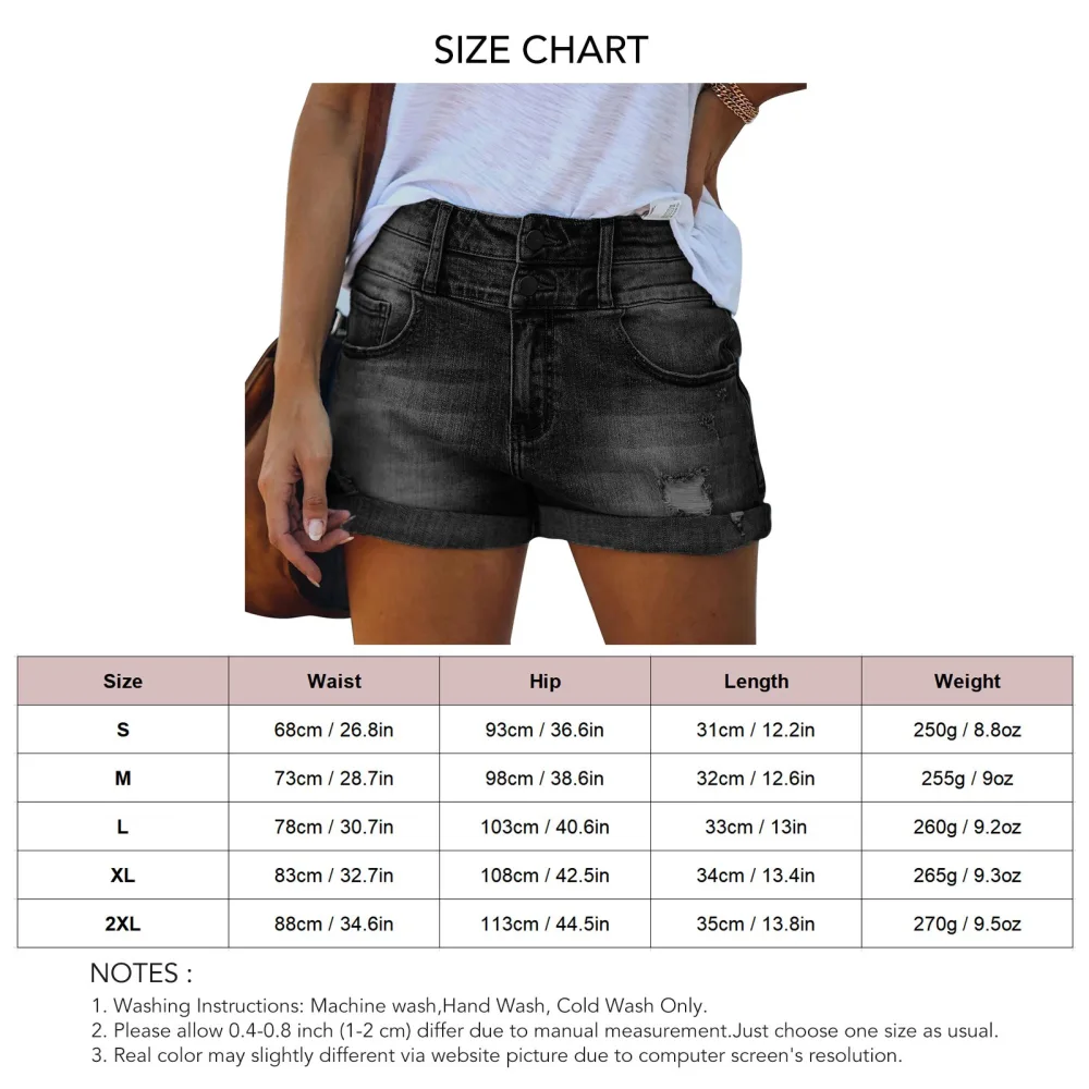 Women High Waist Shorts Distressed Trim Rolled Hem Double Button Closure Casual Summer Shorts Black XL