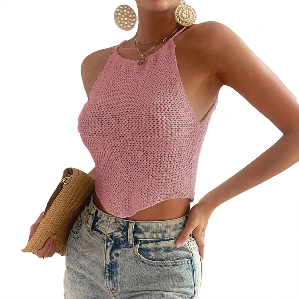 Women Knitting Tank Top Halter Neck Irregular Hem Back Hollow Out Summer Sleeveless Slim Top Pale Pinkish Grey L