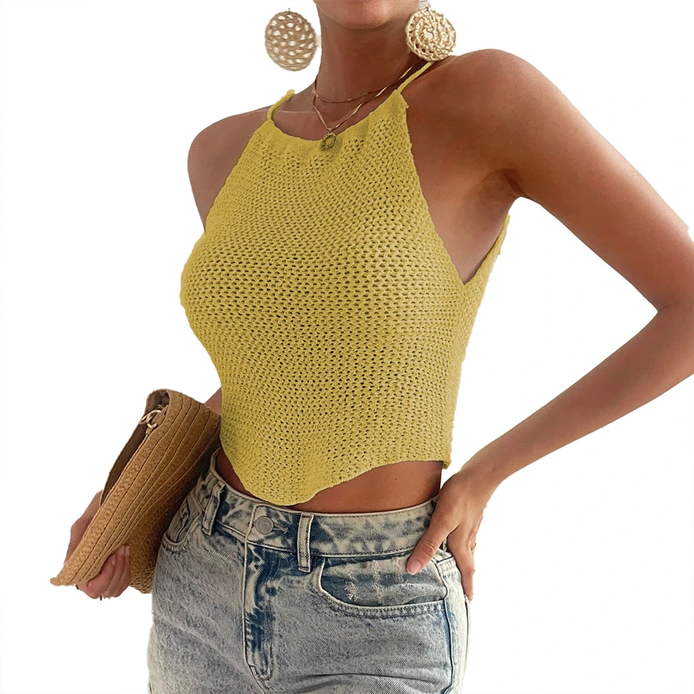 Women Knitting Tank Top Halter Neck Irregular Hem Back Hollow Out Summer Sleeveless Slim Top Yellow L