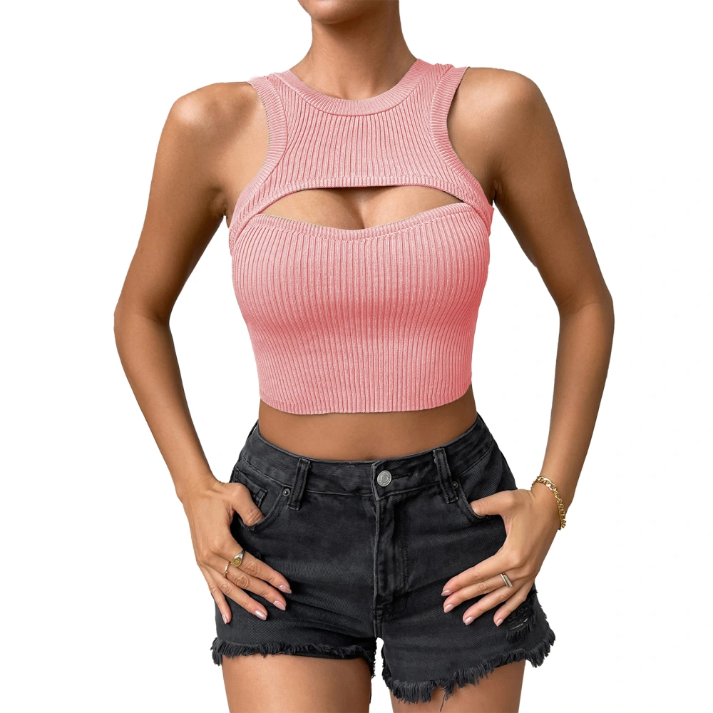 Women Casual Cut Out Tank Top Ribbed Knit Sleeveless Round Neck Slim Fitted Top for Summer Pale Pinkish Grey L