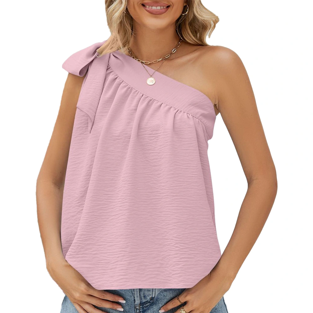 Women Sleeveless T Shirt Single Shoulder Strap Bow Tie Loose Fitting Summer Casual Top Pink M