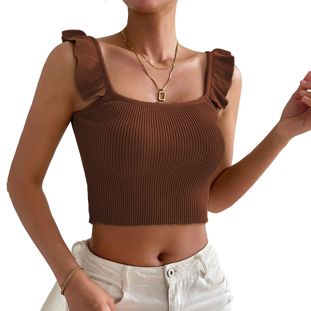 Ruffle Strap Tank Top Short Navel Exposed Slim Ribbed Ruffle Sleeveless Tank for Women Female Summer Brown S