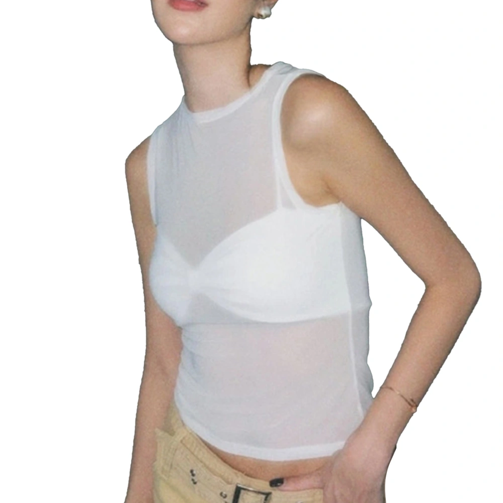 Womens Sheer Mesh Tank Top Fashionable See Through Sleeveless Shirt Spaghetti Strap Bow Camisole Set White M