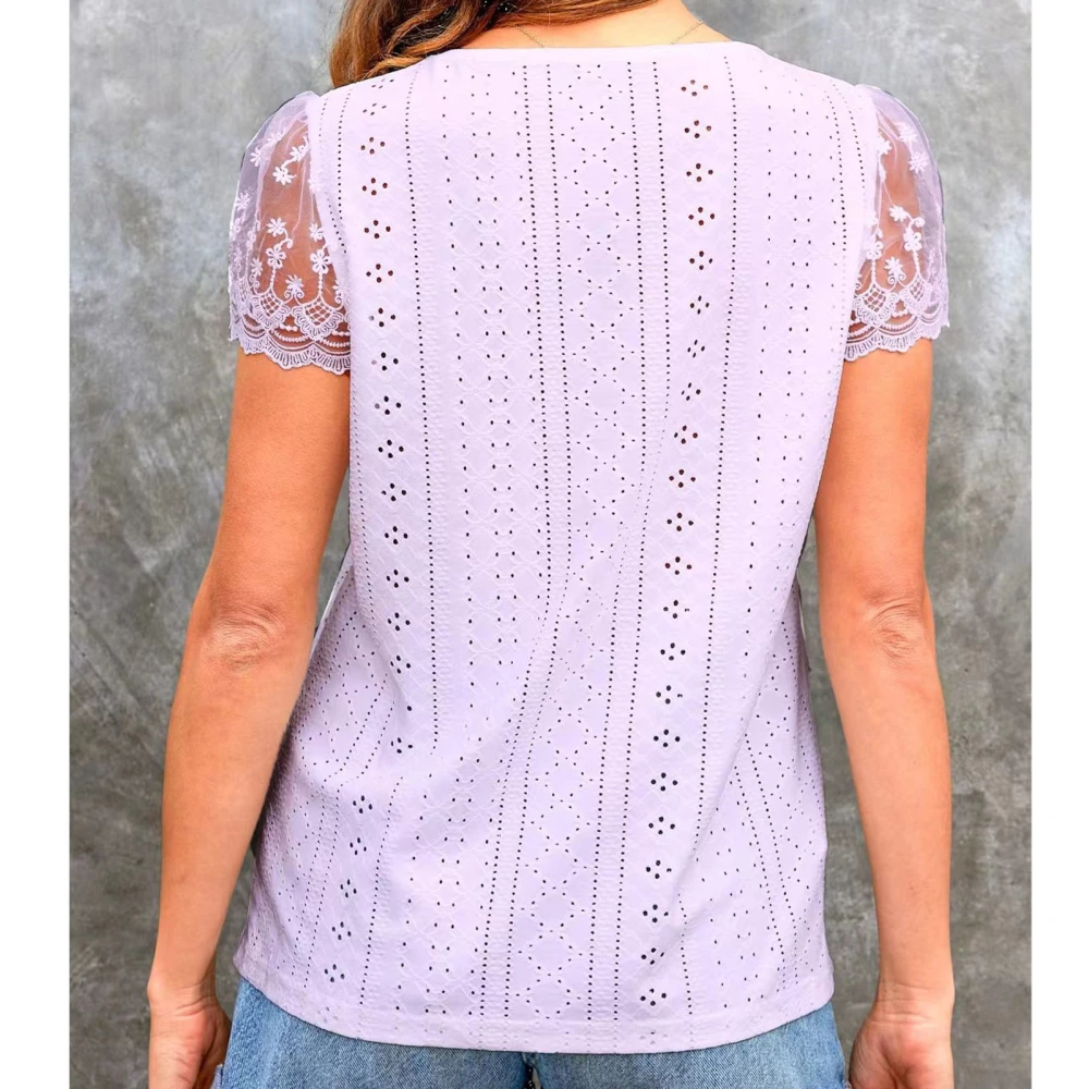 Lace Crochet V Neck T Shirt Women Casual Fashionable Plain Color Lace Short Sleeve Hollow Top Blouse Purple M