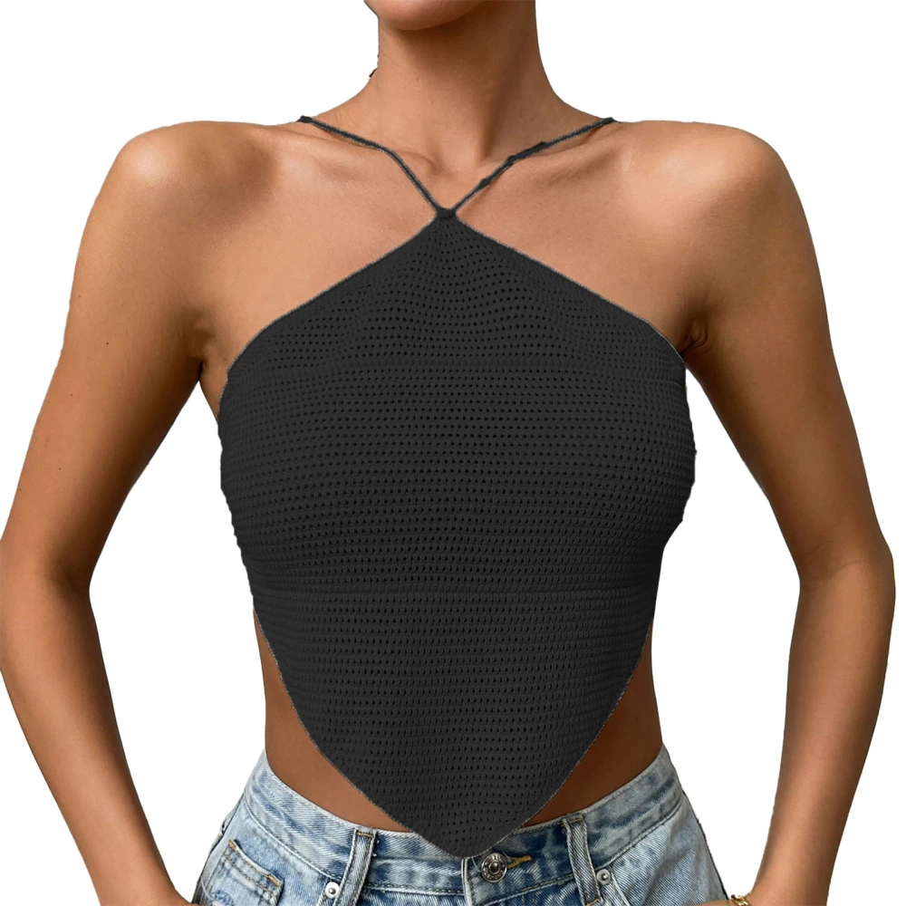 Women Halter Neck Top Backless Curved Hem Camisole Top Pure Color Tie Knot Back Sleeveless Blouse Black M