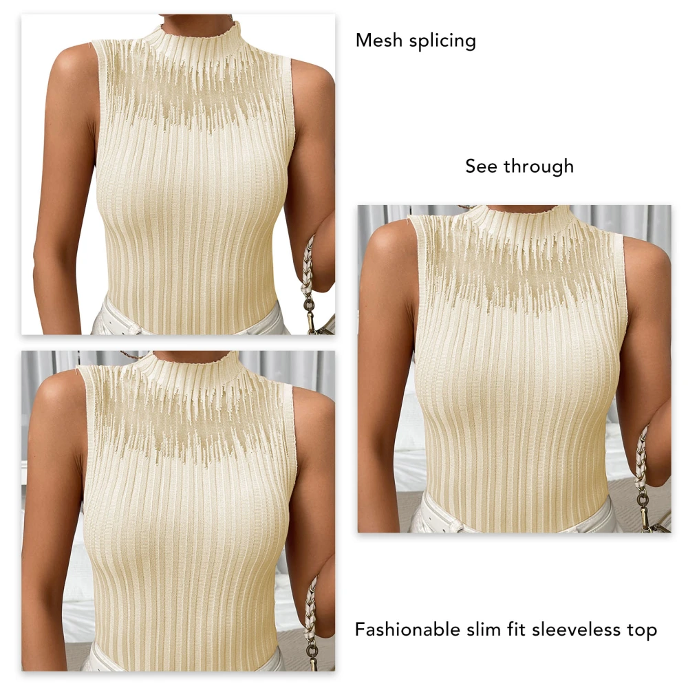 Women Ribbed Knit Tank Top Half High Neck Mesh Splicing Slim Fit Summer Basic Sleeveless Tank Top Apricot L