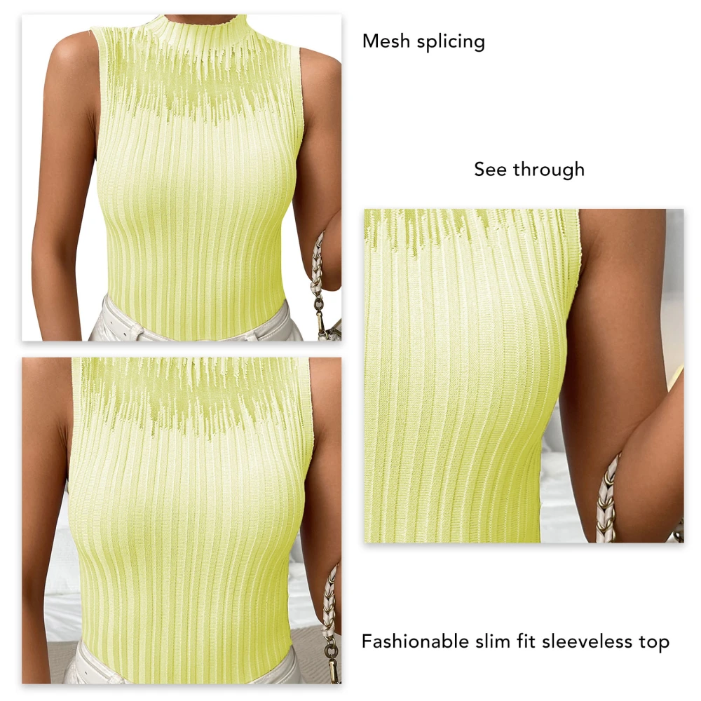 Women Ribbed Knit Tank Top Half High Neck Mesh Splicing Slim Fit Summer Basic Sleeveless Tank Top Yellow M