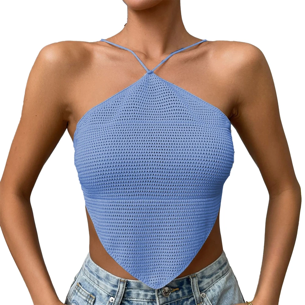 Women Halter Neck Top Backless Curved Hem Camisole Top Pure Color Tie Knot Back Sleeveless Blouse Blue M