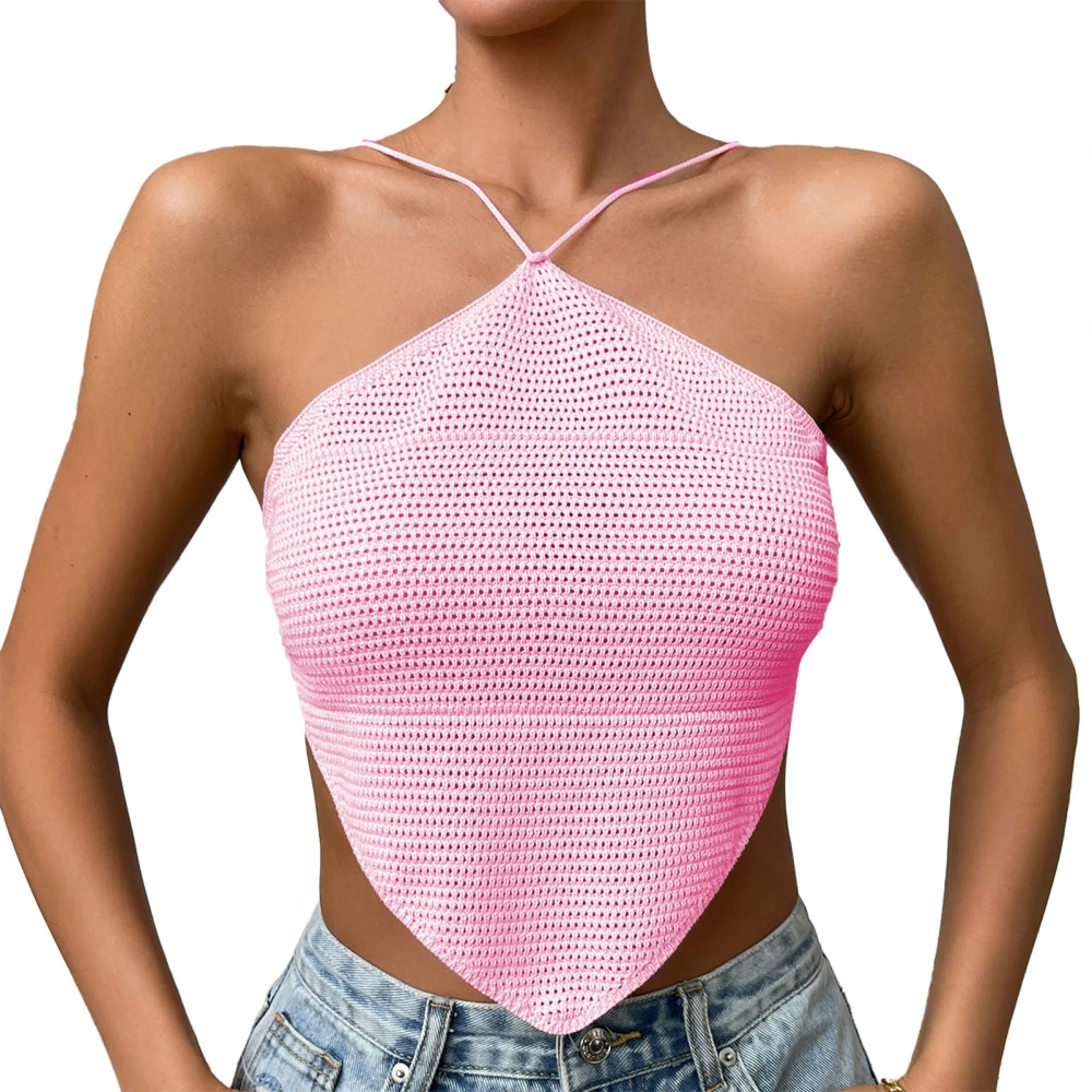 Women Halter Neck Top Backless Curved Hem Camisole Top Pure Color Tie Knot Back Sleeveless Blouse Pink S