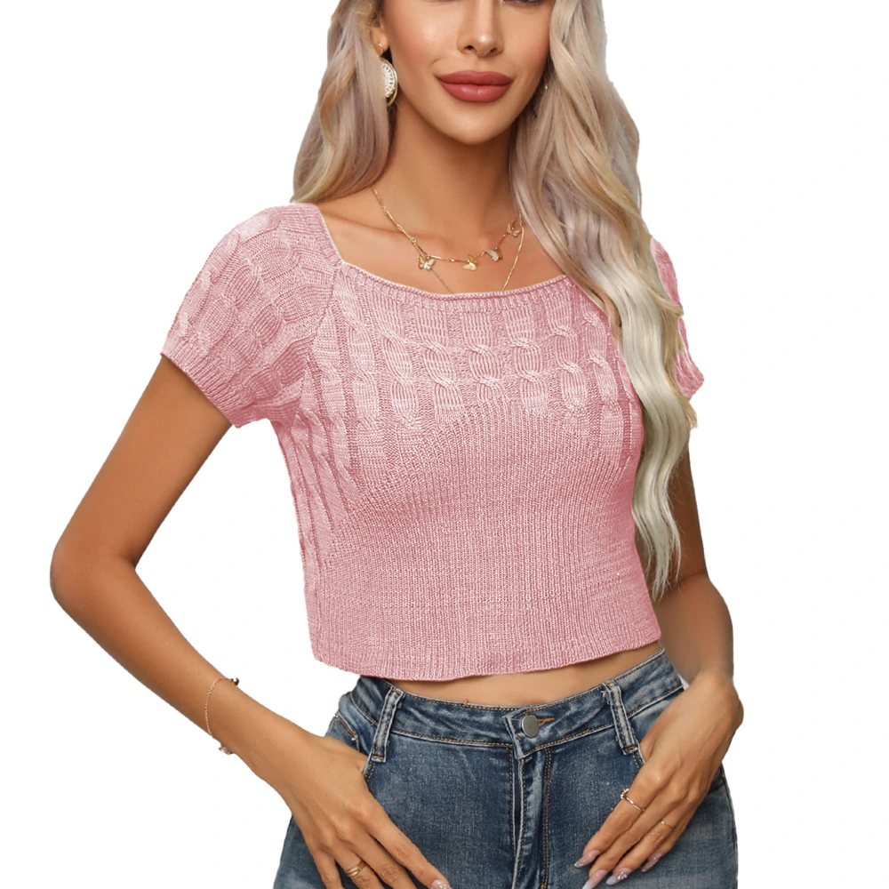 Women Cable Knit Short Sleeve Top Slim Fit Plain Color Stretchy Casual Summer Pullover T Shirt Pink M