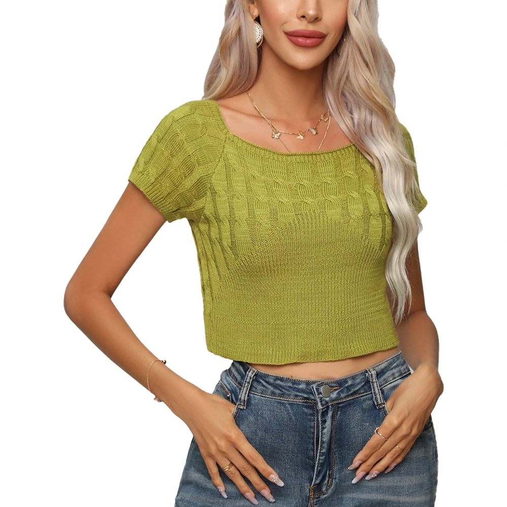 Women Cable Knit Short Sleeve Top Slim Fit Plain Color Stretchy Casual Summer Pullover T Shirt Avocado Green L