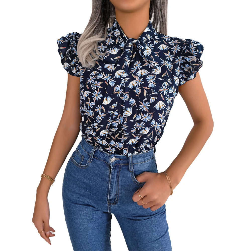 Women Summer Top Casual Bow Tied Neck Short Ruffle Sleeve Floral Print Top for Female Dark Blue S