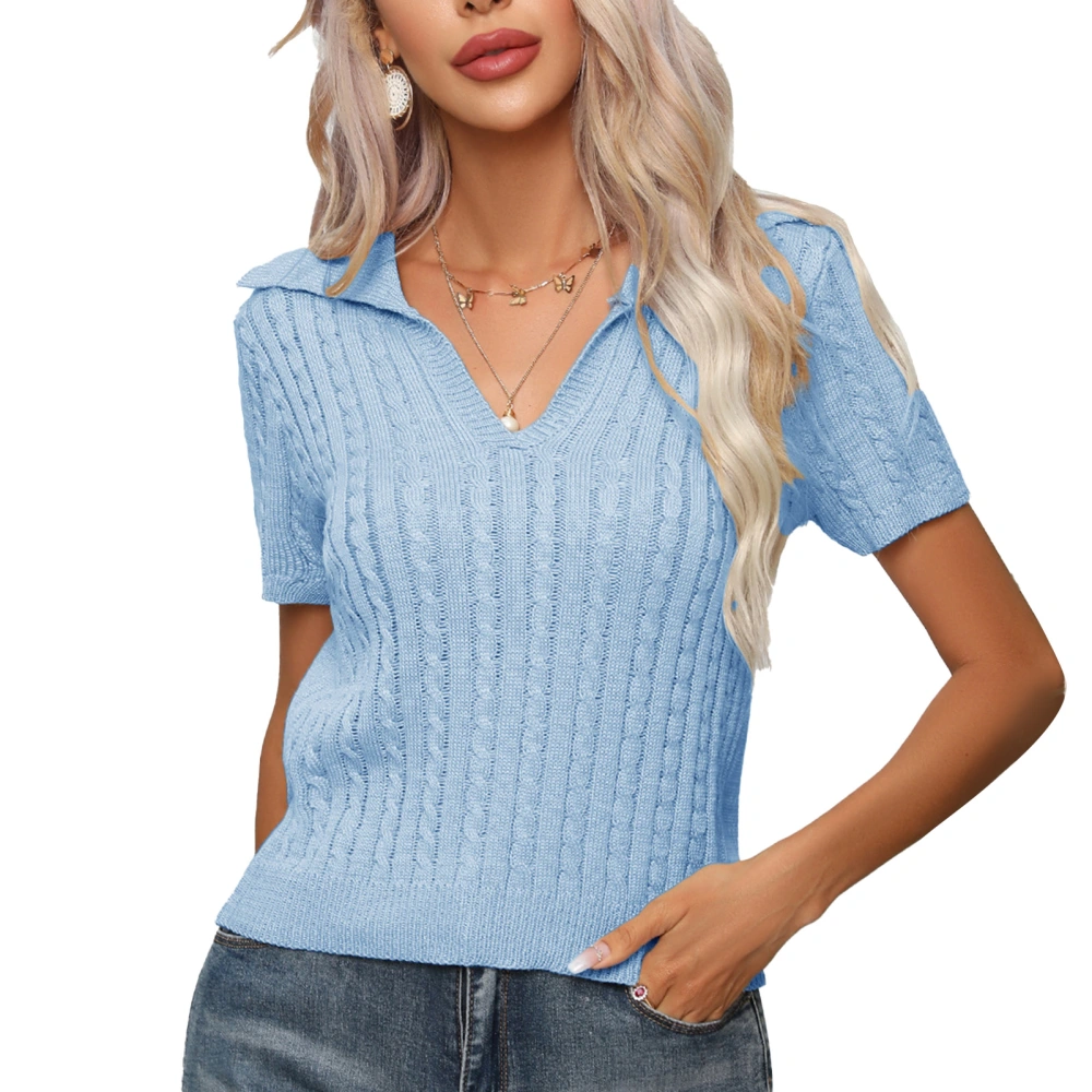 Cable Knit Blouse Turn Down Collar Short Sleeve Pure Color Slim Fitted Pullover Sweater for Women Lady Girl Light Blue M