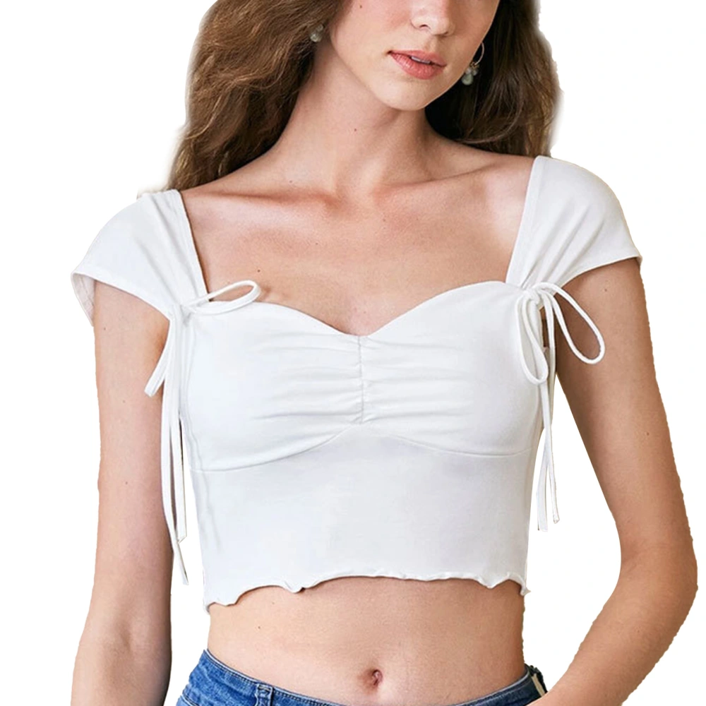 Women Summer Short Top Casual Short Sleeve Strap Tied Ruched Backless Slim Fit Top for Female White L