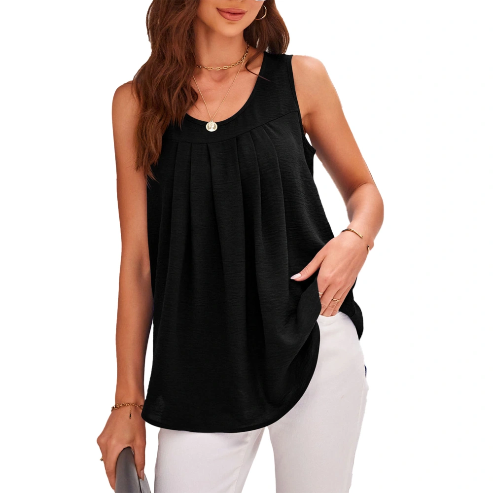 Crewneck Pleated Tank Loose Fitted Pure Color Round Neck Pleated Blouse Top for Women Lady Girl Dating Black XL