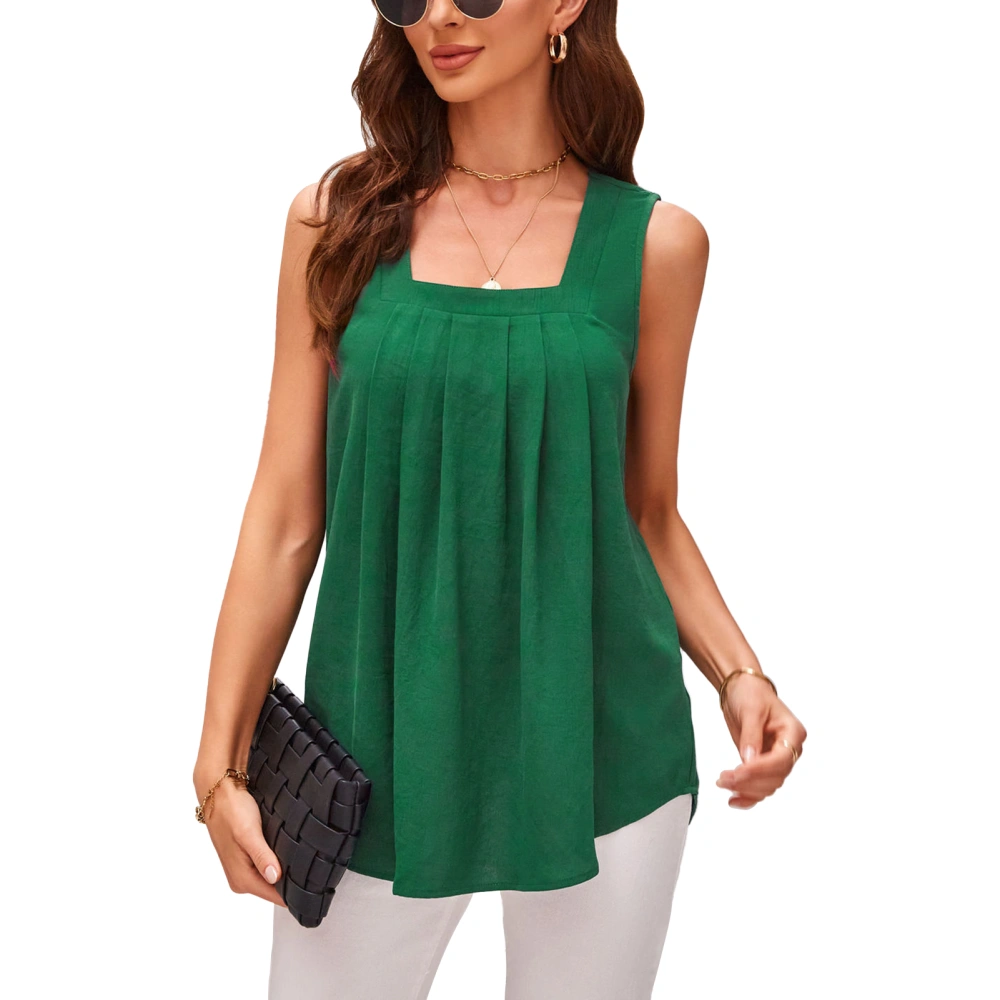 Square Neck Sleeveless Top Pure Color Comfortable Pleated Loose Casual Vest for Office School Shopping Dark Green L