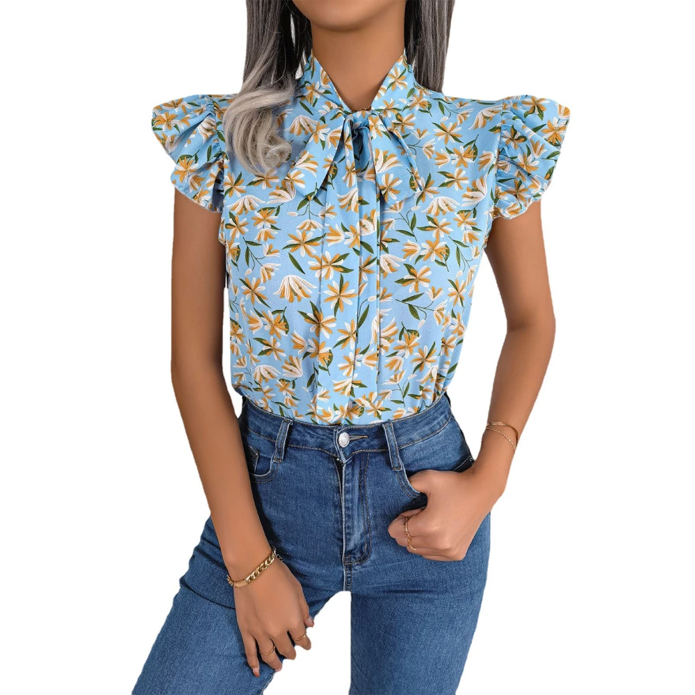 Women Summer Top Casual Bow Tied Neck Short Ruffle Sleeve Floral Print Top for Female Light Blue M