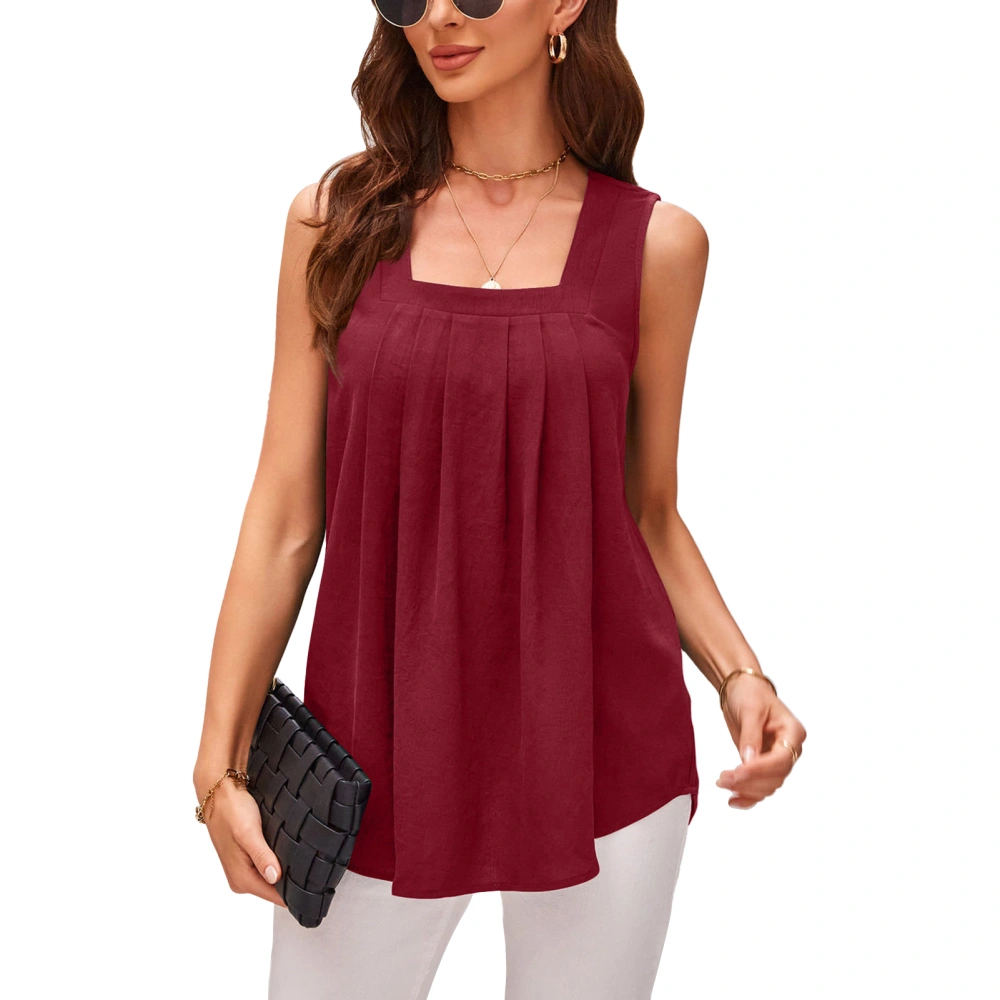 Square Neck Sleeveless Top Pure Color Comfortable Pleated Loose Casual Vest for Office School Shopping Wine Red M