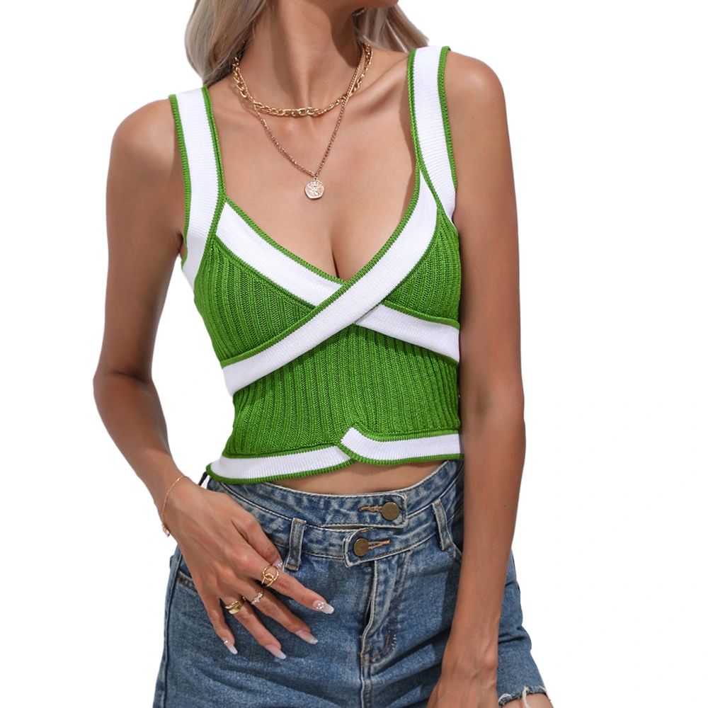 Color Block Cross Wrap Tank Wide Strap Sleeveless Cross Front Tank for Lady Girl Summer Dating Green S