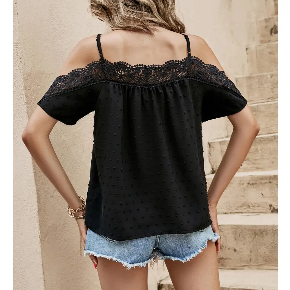 Women Cold Shoulder Top Lace Stitching Dot Patterns Loose Fitting Summer Casual T Shirt Black L