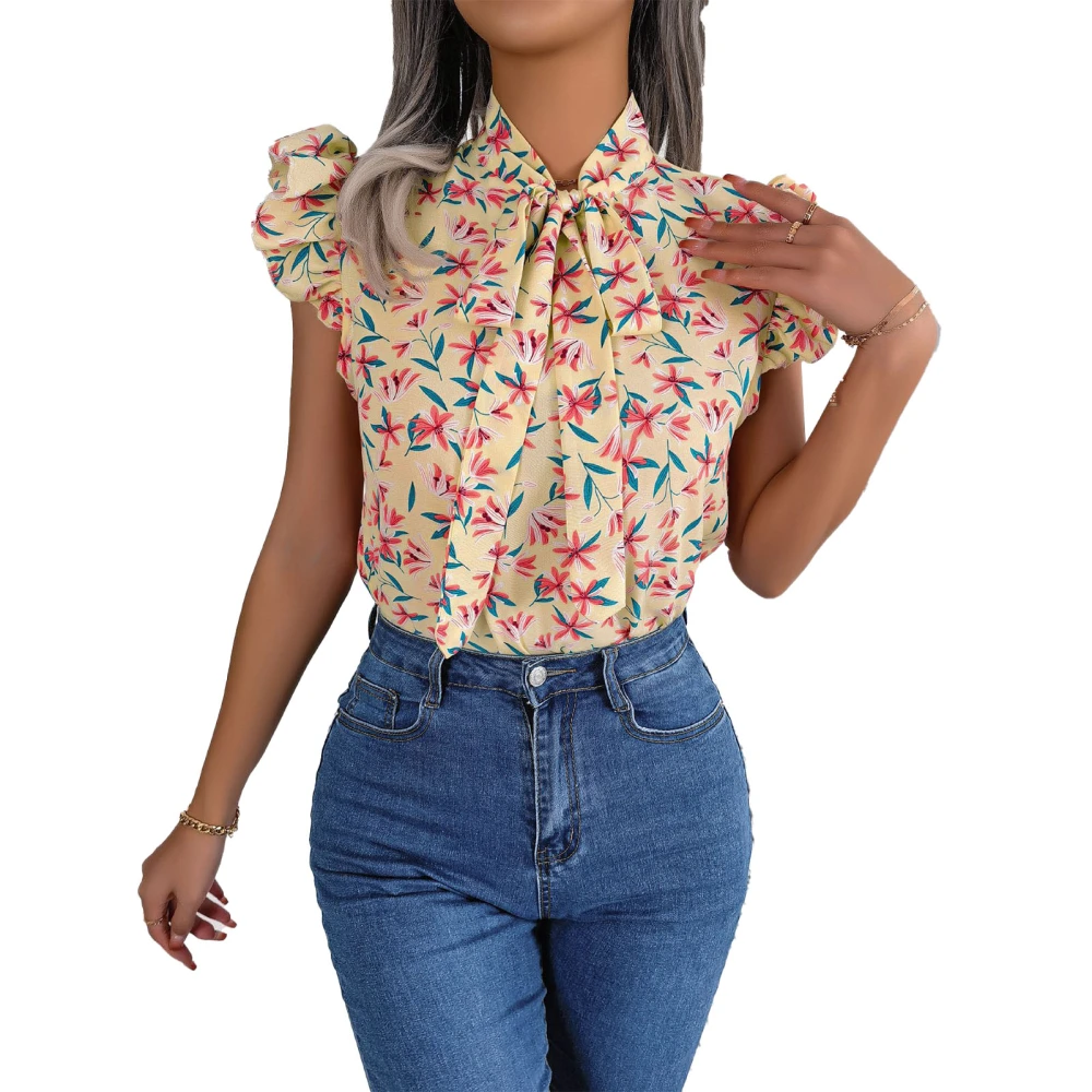 Women Summer Top Casual Bow Tied Neck Short Ruffle Sleeve Floral Print Top for Female Apricot S