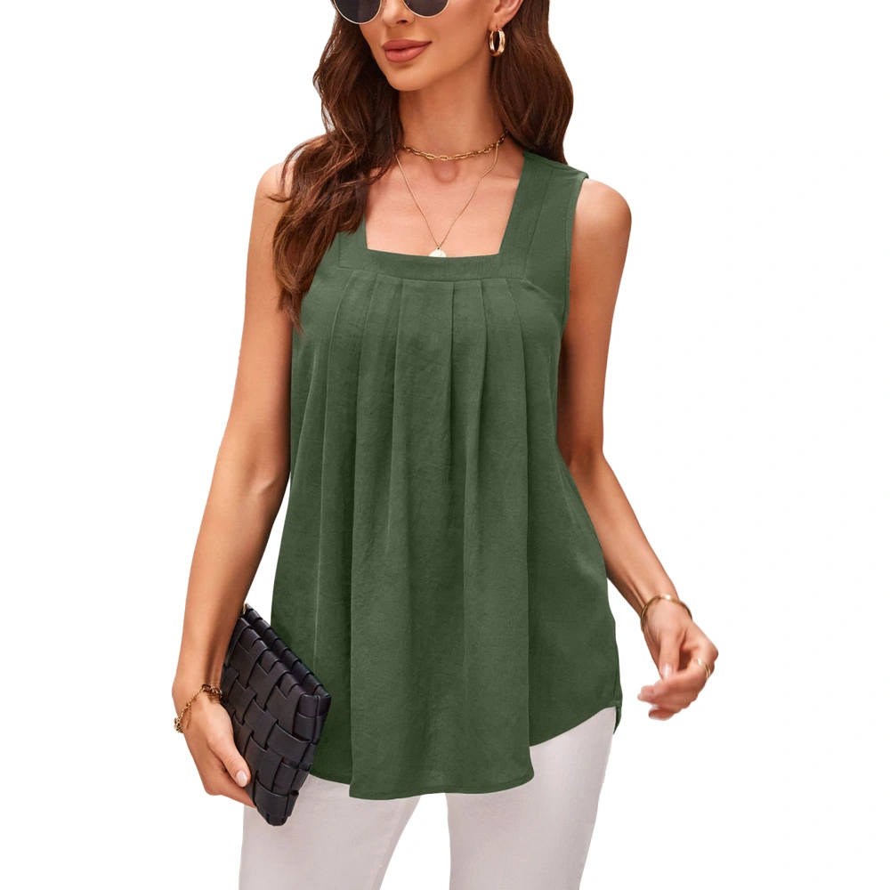 Square Neck Sleeveless Top Pure Color Comfortable Pleated Loose Casual Vest for Office School Shopping OD Green S