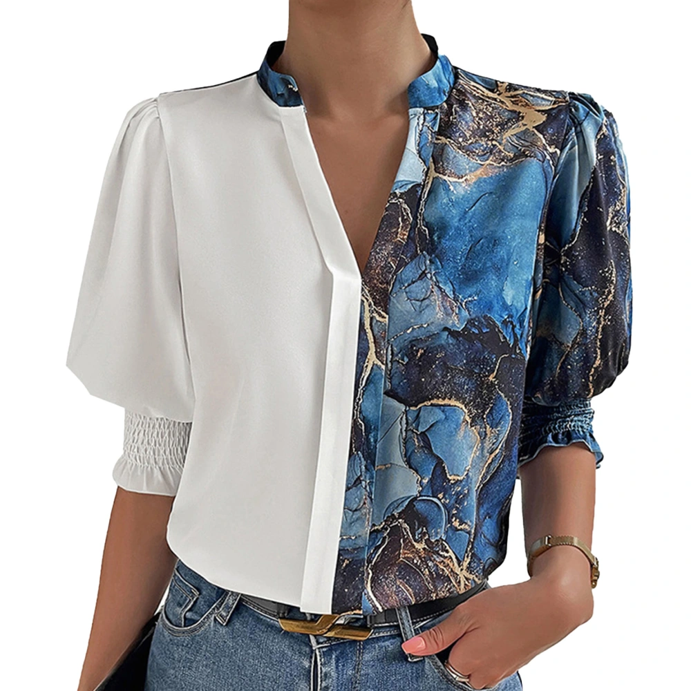 Women Color Block Blouse V Neck Dressy Shirred Cuff Casual Summer Puff Short Sleeve Shirt Blue XL