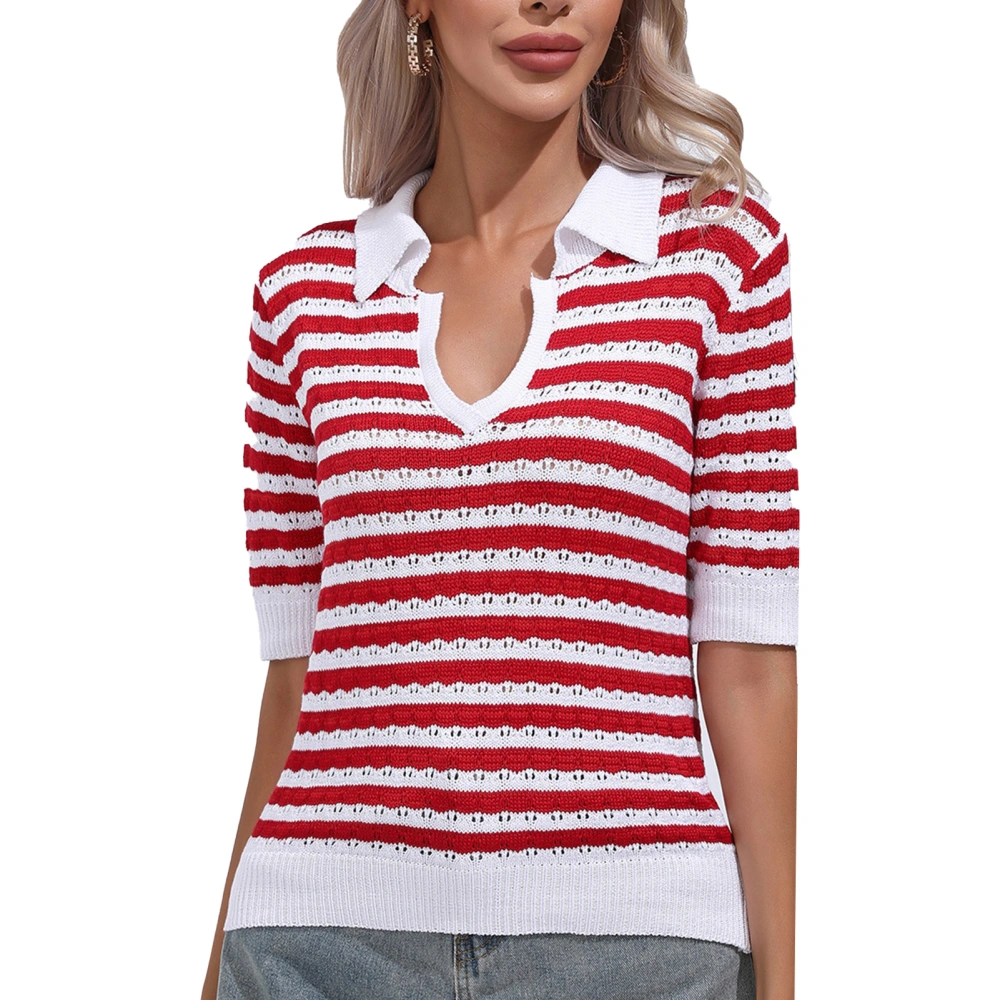 Women Summer Top Casual Short Sleeve Turn Down Collar V Neck Crochet Top for Female Red XL