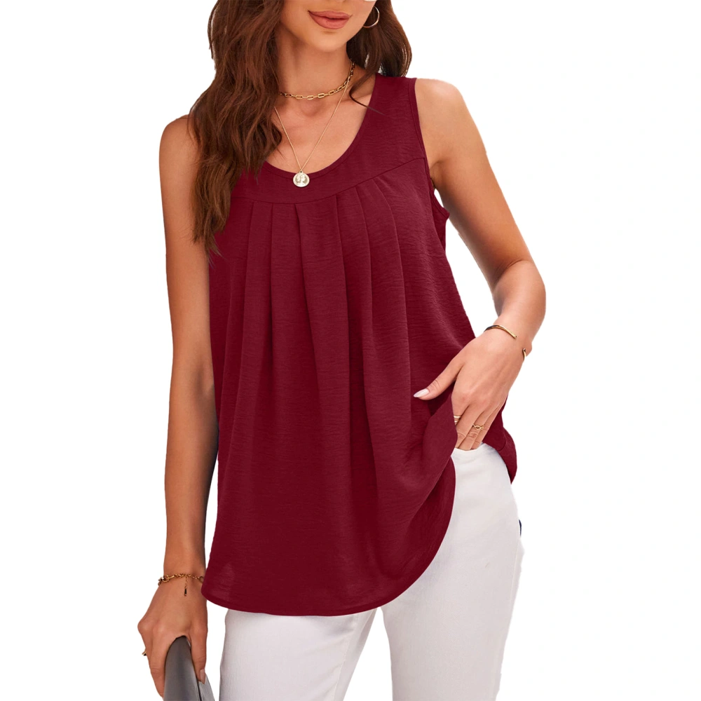 Crewneck Pleated Tank Loose Fitted Pure Color Round Neck Pleated Blouse Top for Women Lady Girl Dating Burgundy XXL