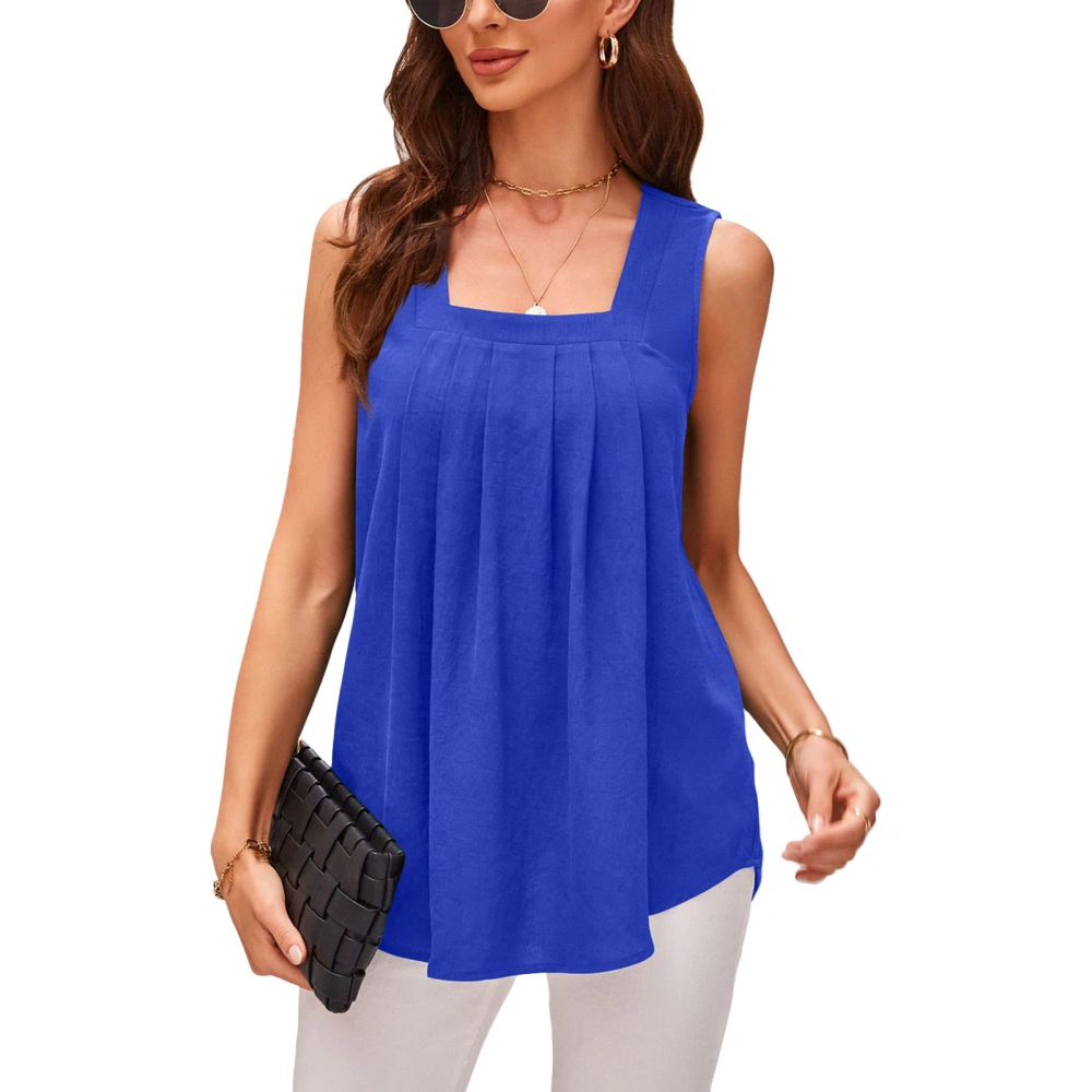 Square Neck Sleeveless Top Pure Color Comfortable Pleated Loose Casual Vest for Office School Shopping Blue S