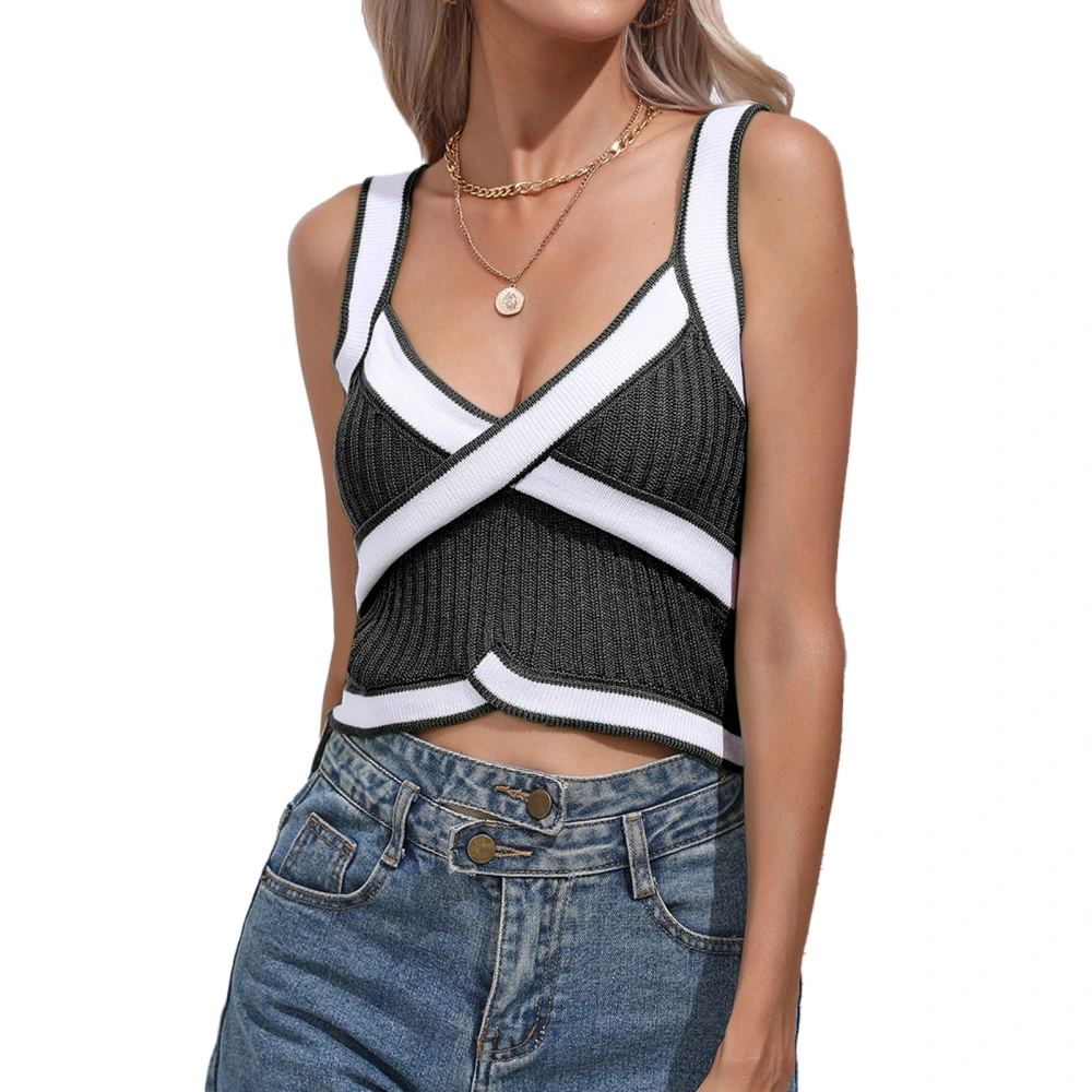 Color Block Cross Wrap Tank Wide Strap Sleeveless Cross Front Tank for Lady Girl Summer Dating Black S