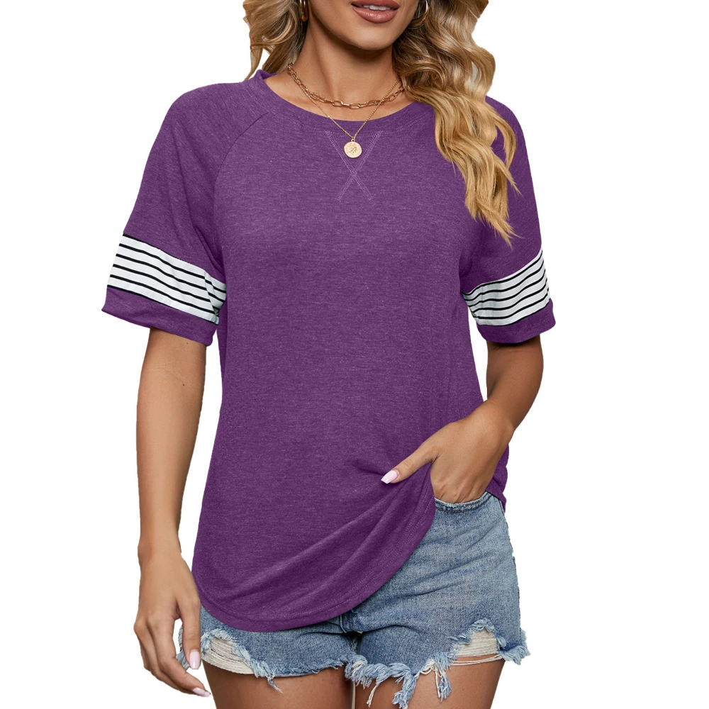 Crewneck T Shirt Breathable and Loose Short Sleeve with Striped Sleeve for Women Purple L