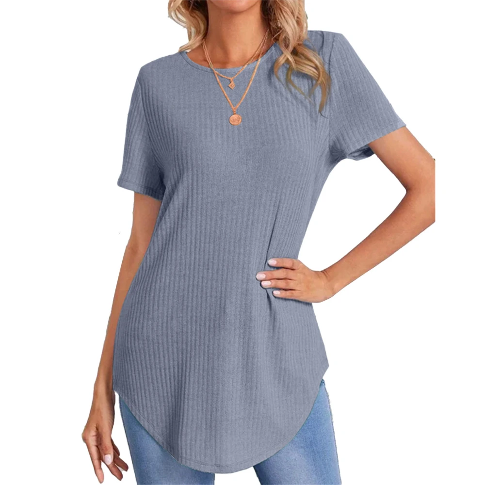 Women Curved Hem Top Short Sleeve Button Back Plain Color Casual Dressy Summer Tee Shirt Grey S