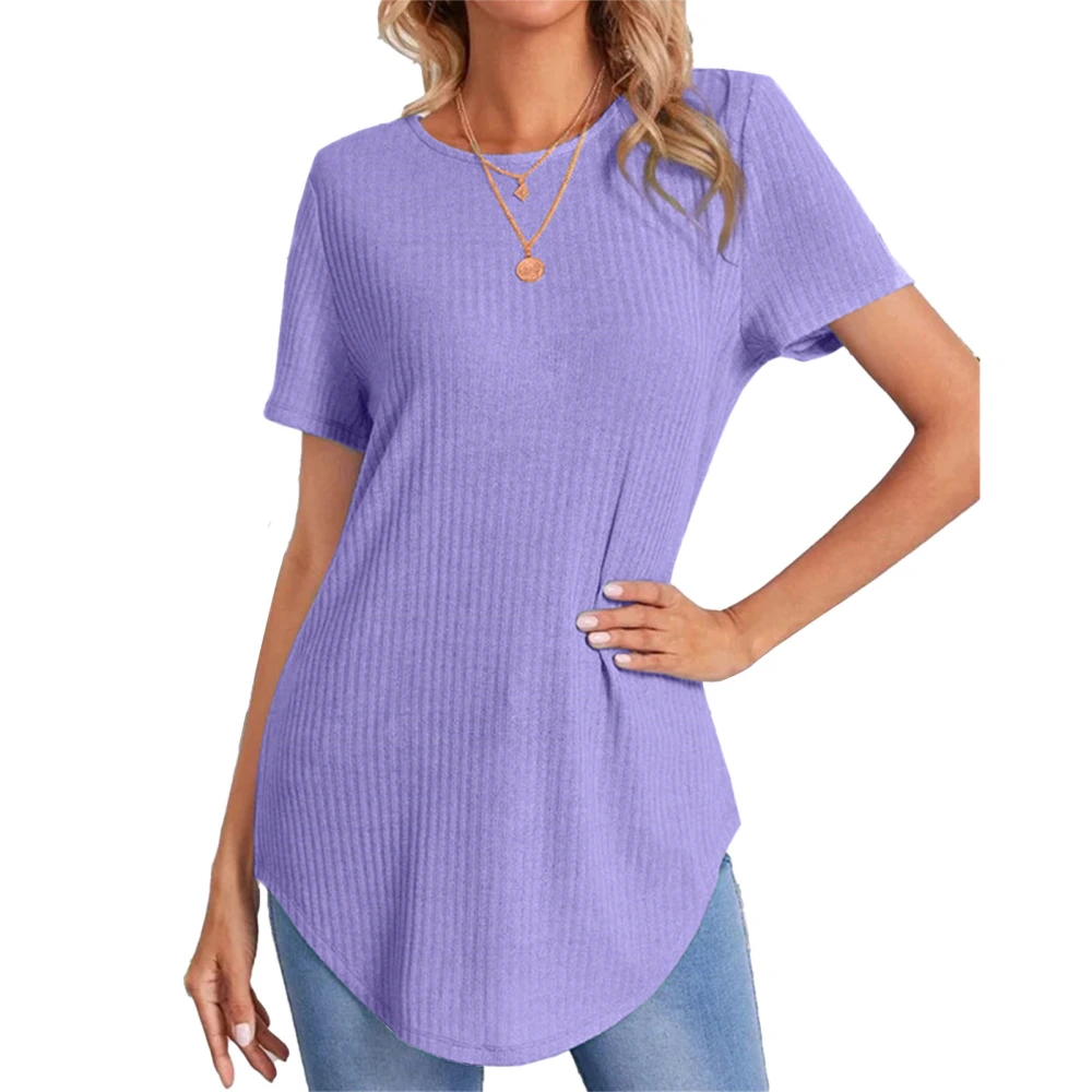 Women Curved Hem Top Short Sleeve Button Back Plain Color Casual Dressy Summer Tee Shirt Purple M